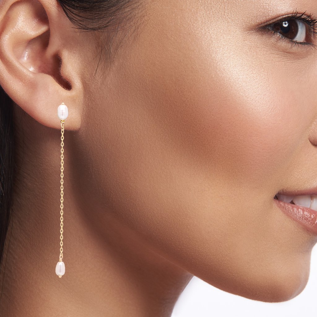 Long Pearl Dangling Earring 14k Yellow Gold 2.5' Inch Long Real Gold